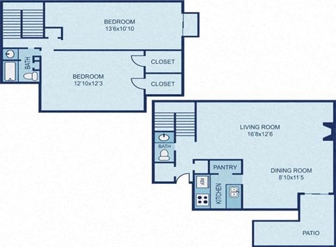 Floor plan for 2 beds, 1.5 baths, 1074 sqft