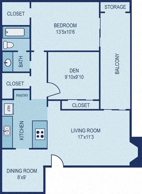 Floor plan for 2 beds, 1 bath, 825 sqft