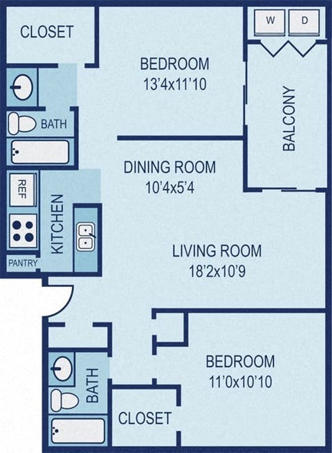 Floor plan for 2 beds, 2 baths, 905 sqft