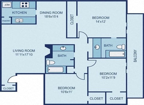 Floor plan for 3 beds, 2 baths, 1195 sqft