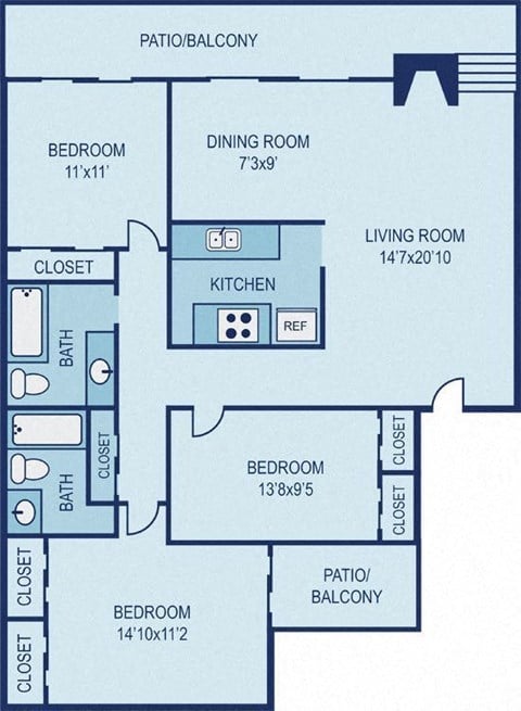 Floor plan for 3 beds, 2 baths, 1214 sqft