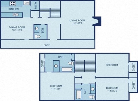 Floor plan for 3 beds, 2.5 baths, 1480 sqft
