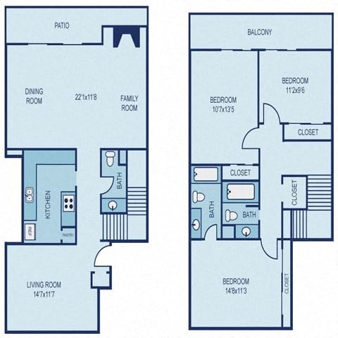 Floor plan for 3 beds, 2.5 baths, 1485 sqft