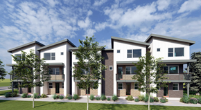 Draper townhouse for rent - A modern three-story residential building with a green lawn in front.