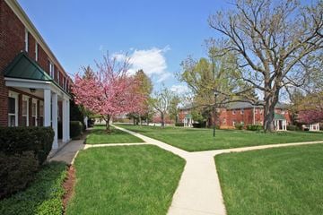 Baltimore apartment for rent - A pathway leads from a building to a tree with pink blossoms.