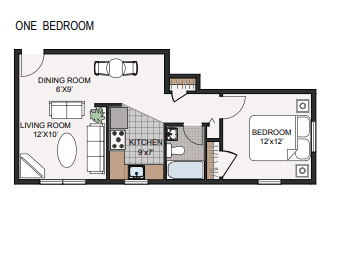 Floor plan for 1 bed, 1 bath, 505 sqft