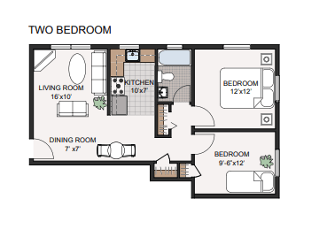 Floor plan for 2 beds, 1 bath, 602 sqft