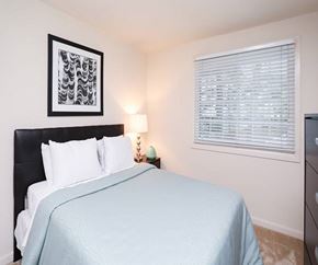 Silver Spring apartment for rent - A bedroom with a bed covered in a blue sheet and a black headboard.