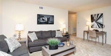 Silver Spring apartment for rent - A living room with a grey couch, a black and white picture on the wall, and a wooden coffee table with a plant on it.