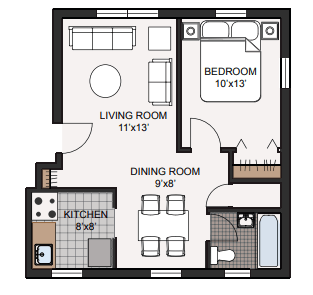 Floor plan for 1 bed, 1 bath, 488 sqft