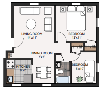 Floor plan for 2 beds, 1 bath, 629 sqft