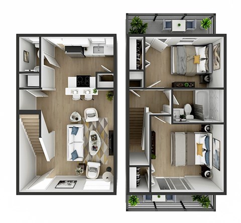 Floor plan for 2 beds, 1.5 baths, 1000 sqft