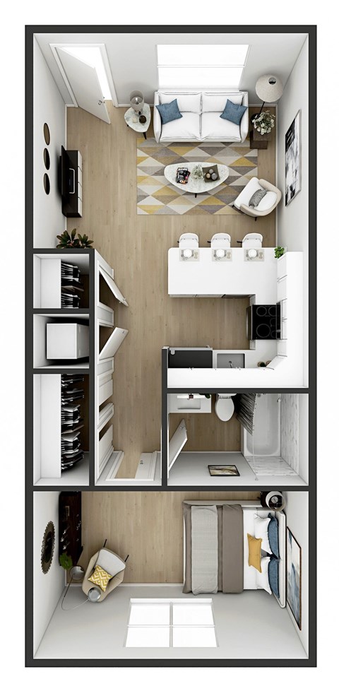 Floor plan for 1 bed, 1 bath, 600 sqft