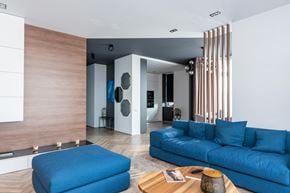 San Francisco apartment for rent - A blue couch is in the middle of a modern living room.