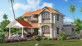Austin apartment for rent - A two-story house with a red roof and a carport is surrounded by a garden with flowers and palm trees.