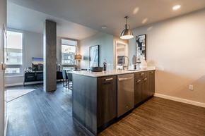 Bellevue apartment for rent - A modern kitchen with stainless steel appliances and wooden flooring.