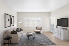 Turlock apartment for rent - A living room with a grey sofa, a black coffee table, a grey rug, a white cabinet, a black television, a white floor lamp, and a window with blinds.
