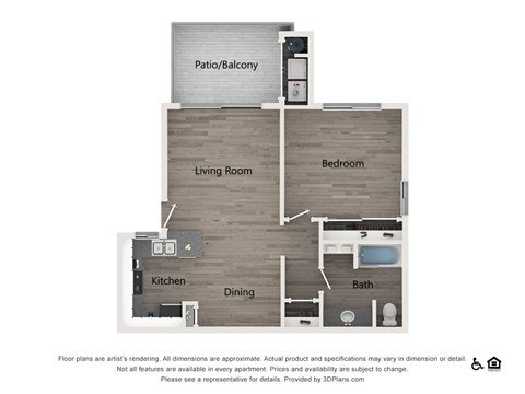 Floor plan for 1 bed, 1 bath, 668 sqft