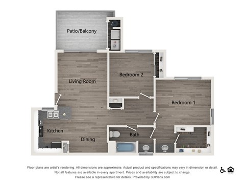 Floor plan for 2 beds, 1 bath, 861 sqft