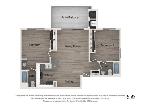 Floor plan for 2 beds, 2 baths, 884 sqft