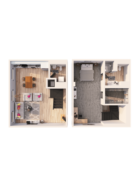 Floor plan for 1 bed, 1.5 baths, 1024 sqft