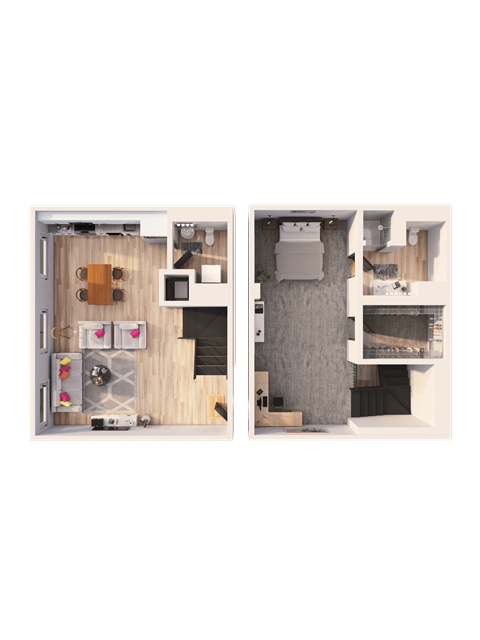 Floor plan for 1 bed, 1.5 baths, 1042 sqft