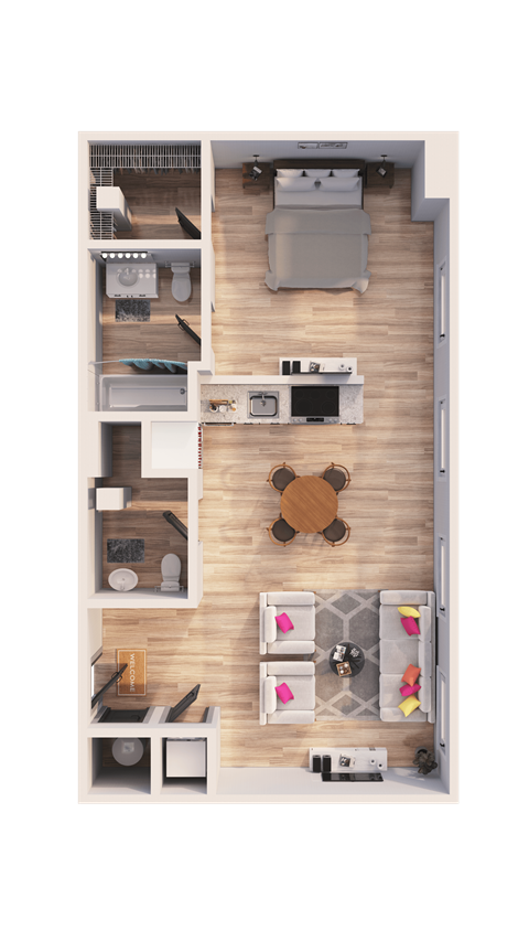 Floor plan for 1 bed, 1.5 baths, 814 sqft