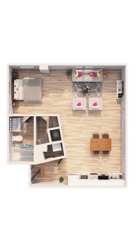Floor plan for 1 bed, 1 bath, 805 sqft