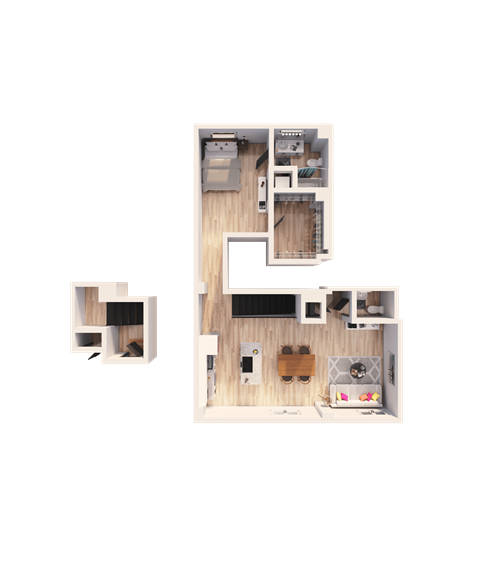 Floor plan for 1 bed, 1.5 baths, 1100 sqft