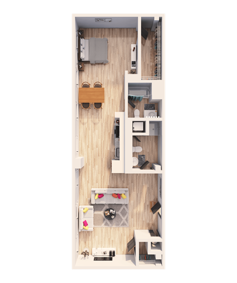 Floor plan for 1 bed, 2 baths, 1305 sqft