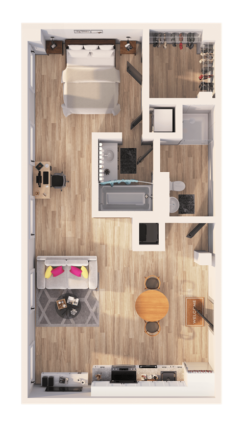 Floor plan for 1 bed, 1 bath, 895 sqft