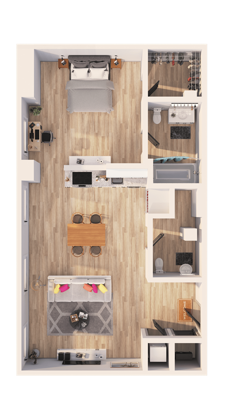 Floor plan for 1 bed, 1.5 baths, 830 sqft