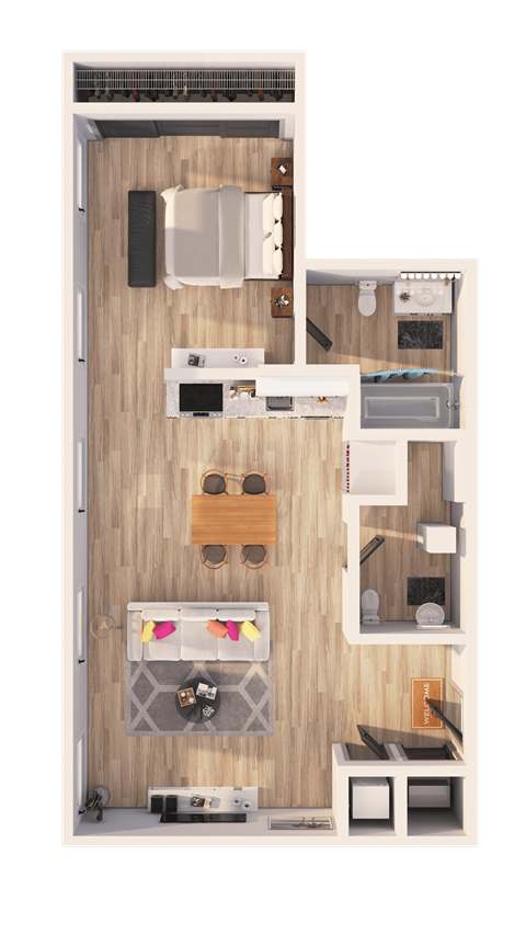 Floor plan for 1 bed, 1.5 baths, 840 sqft