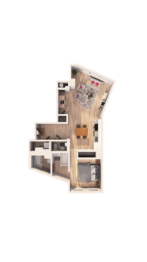 Floor plan for 1 bed, 1.5 baths, 1276 sqft