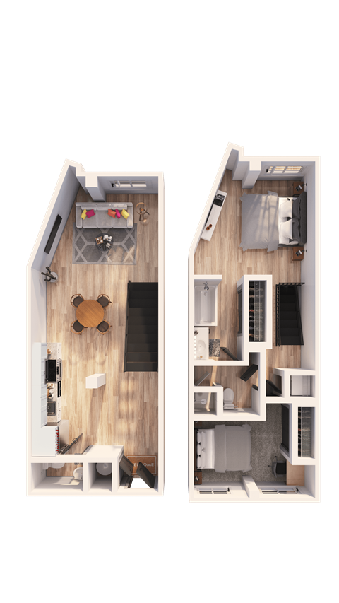 Floor plan for 1 bed, 1.5 baths, 1290 sqft