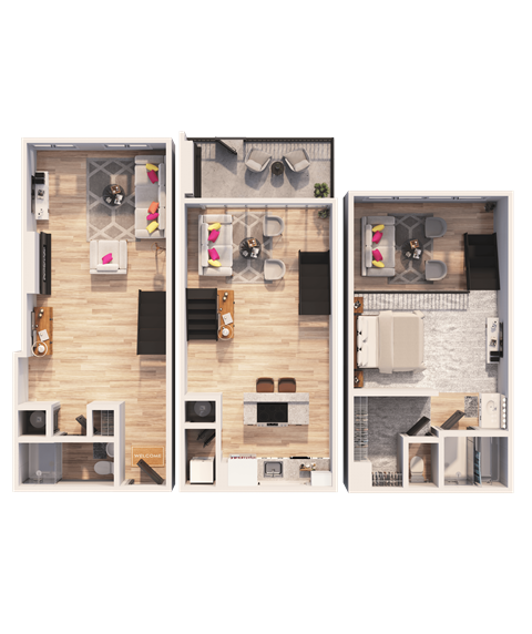 Floor plan for 1 bed, 2 baths, 1529 sqft