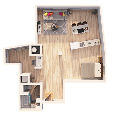Floor plan for 1 bed, 1 bath, 930 sqft