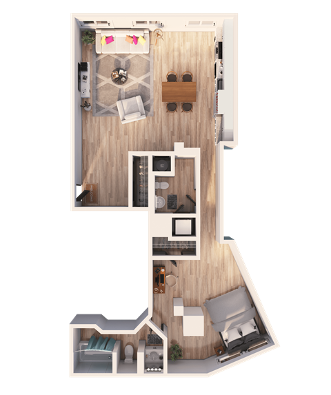 Floor plan for 1 bed, 1 bath, 1117 sqft