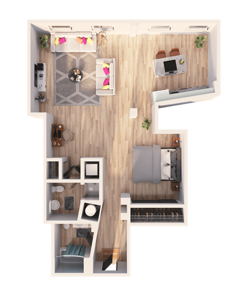 Floor plan for 1 bed, 2 baths, 1335 sqft