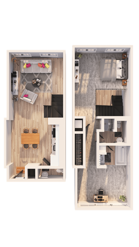 Floor plan for 1 bed, 1.5 baths, 1240 sqft