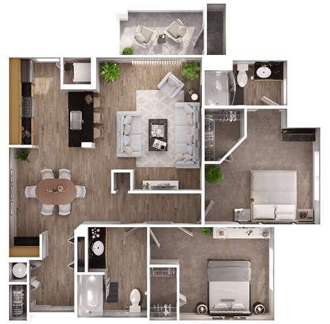 Floor plan for 2 beds, 2 baths, 1074 sqft