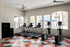 Las Vegas apartment for rent - A gym with treadmills, elliptical machines, and a fan.