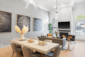 Las Vegas apartment for rent - A modern dining room with a large table and chairs.