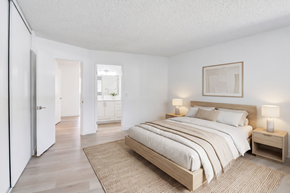 Lakeside apartment for rent - A bedroom with a large bed and a rug on the floor.