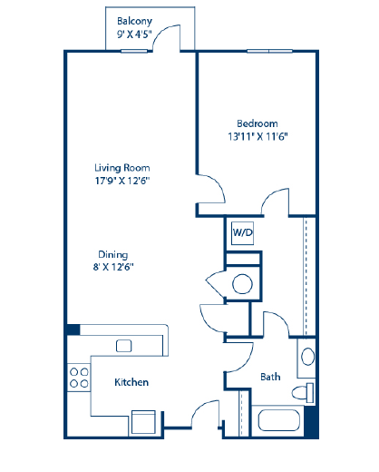 Floor plan for 1 bed, 1 bath, 870 sqft