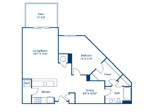 Floor plan for 1 bed, 1 bath, 894 sqft