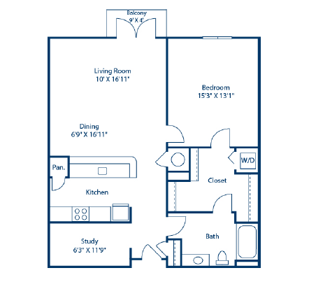 Floor plan for 1 bed, 1 bath, 981 sqft