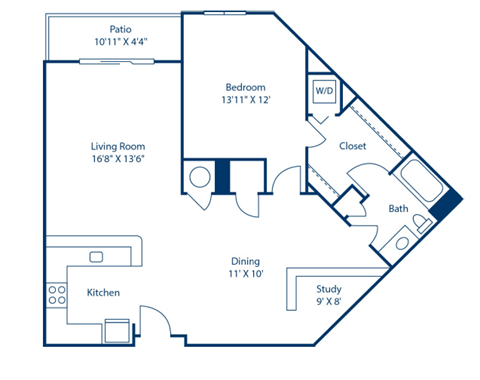 Floor plan for 1 bed, 1 bath, 992 sqft