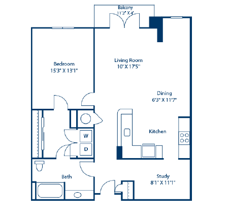 Floor plan for 1 bed, 1 bath, 994 sqft