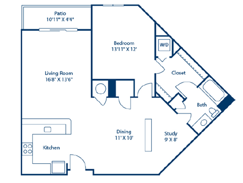 Floor plan for 1 bed, 1 bath, 995 sqft